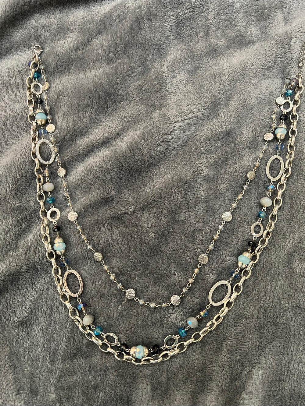 Layered Silver Necklace with Blue and Teal Accent Beads - Women Jewelry